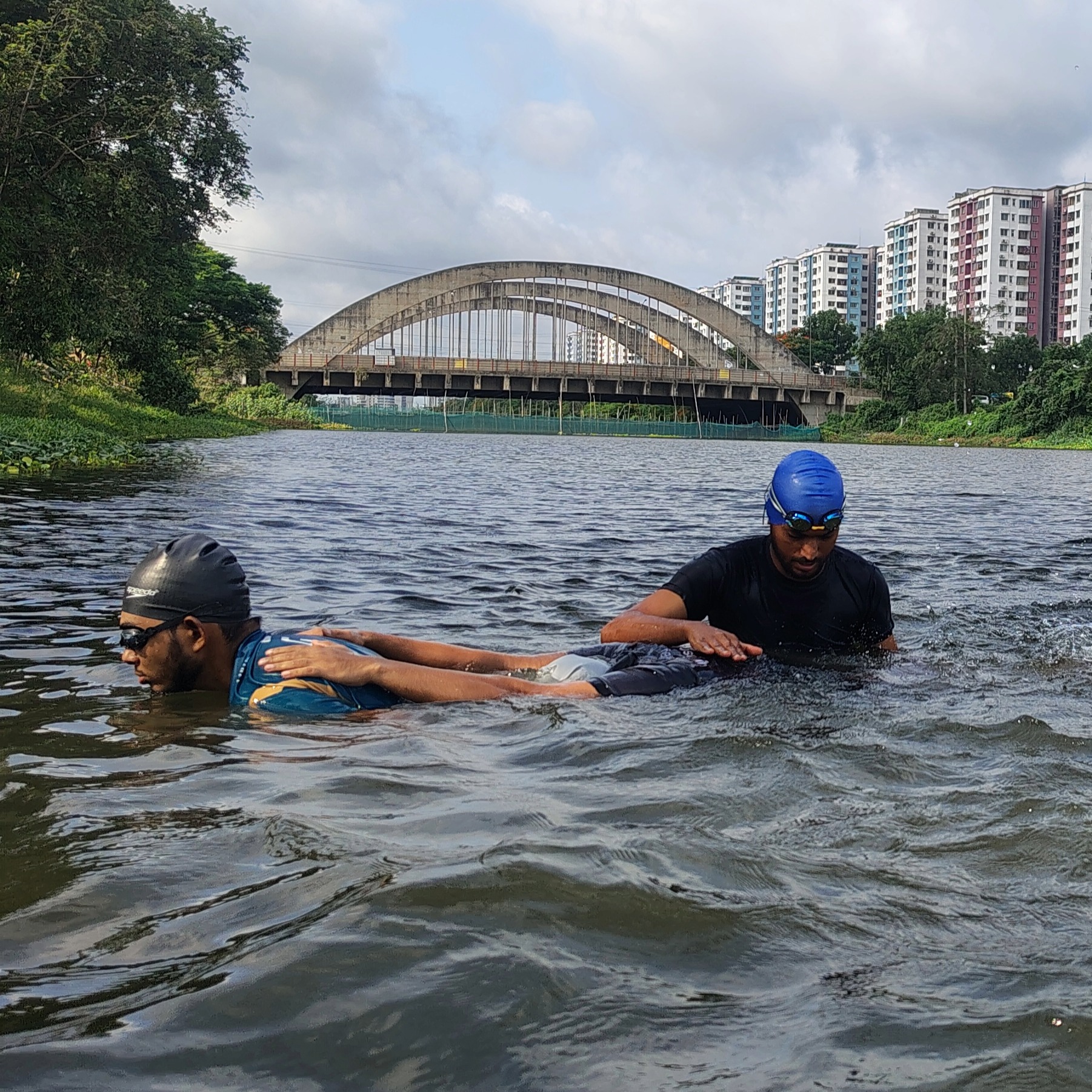 Swimmers practicing in open water